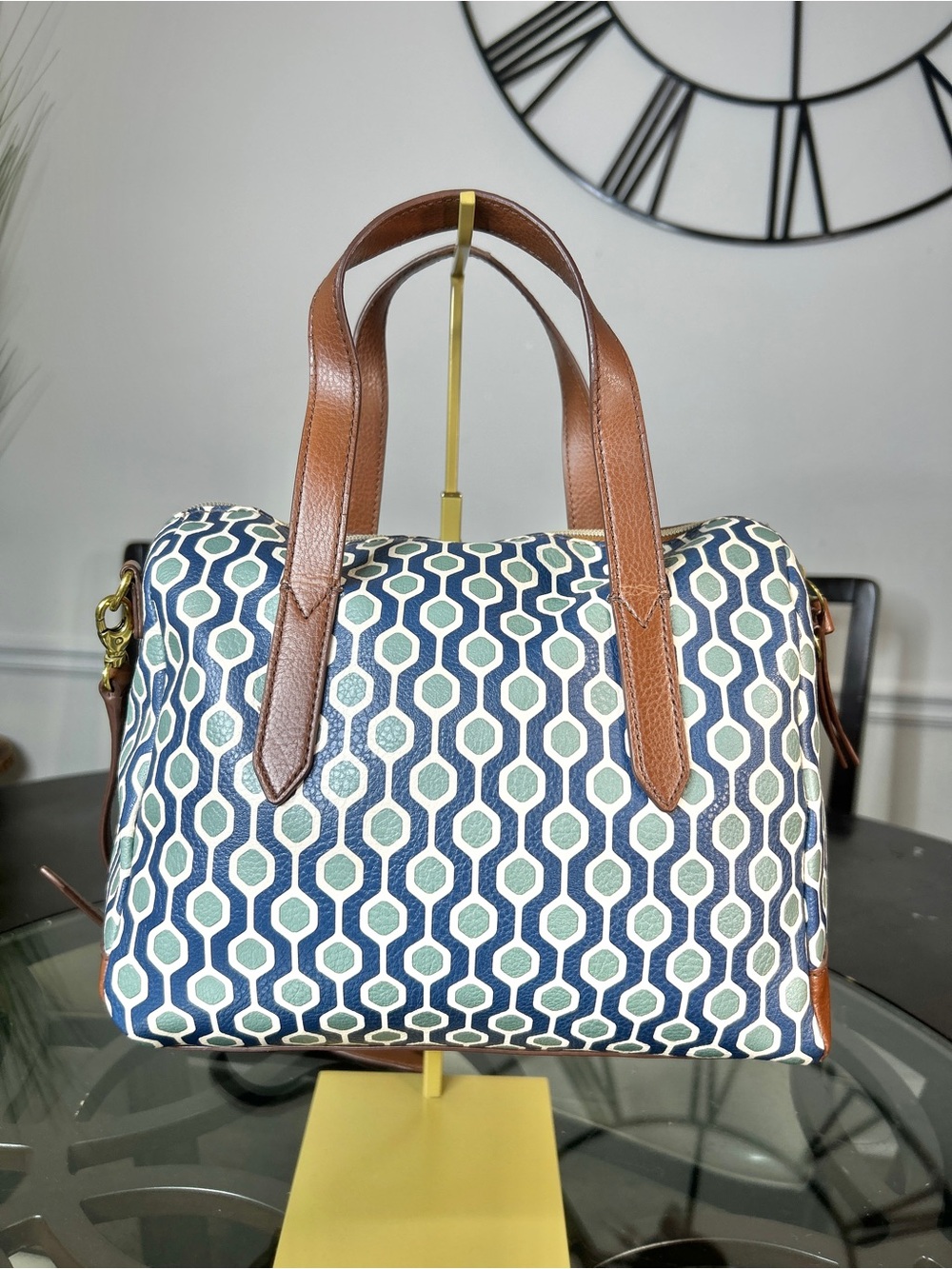 Fossil Geometric Print Satchel Shoulder Bag Blue Teal Coated Canvas Brown